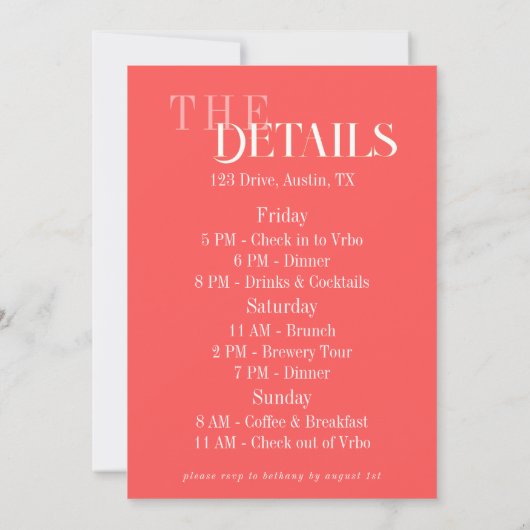 All American Bride Bachelorette Weekend Itinerary  招待状 (裏面)