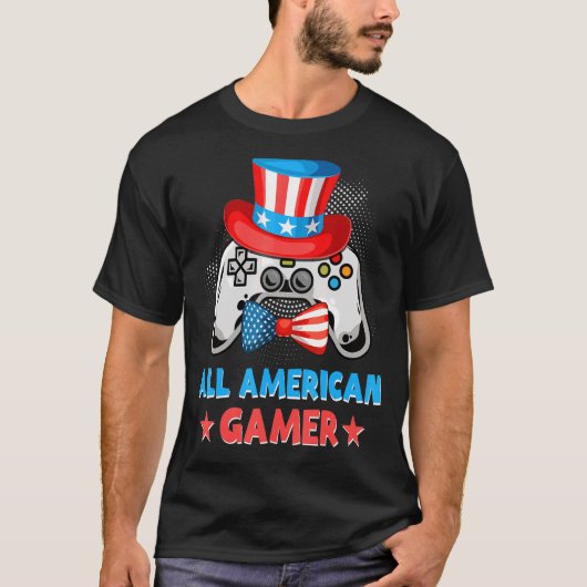 All American Gamer 4th Of 7月ビデオゲームUs Flag Tシャツ (正面)