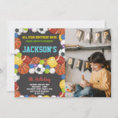 All Ballsブラックスポーツパーティー誕生日と写真 招待状 (正面)