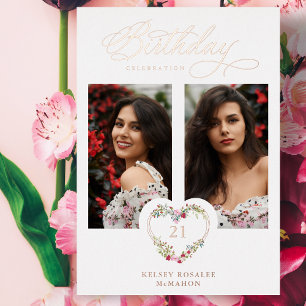 All Birthday Real Rose Gold 2 Photos Floral Heart 箔招待状