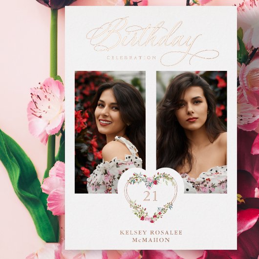 All Birthday Real Rose Gold 2 Photos Floral Heart  箔招待状