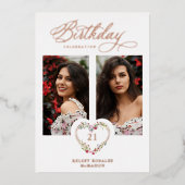 All Birthday Real Rose Gold 2 Photos Floral Heart  箔招待状 (正面)
