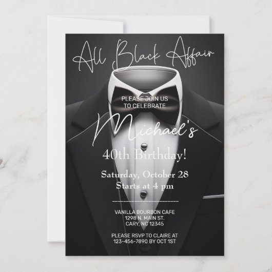 All Black Affair adult man birthday invitation. 招待状 (正面)