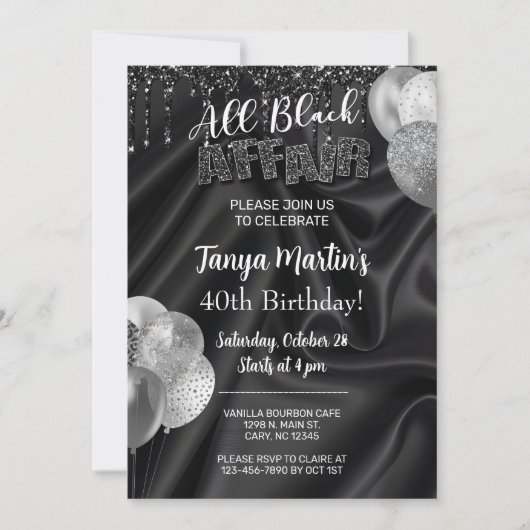 All Black Affair adult woman birthday invitation. 招待状 (正面)
