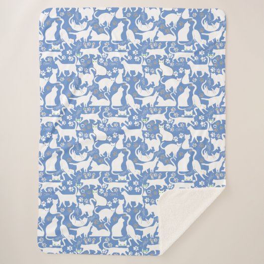 All Cats pattern.w.bx4 L Blue BG シェルパブランケット (正面)