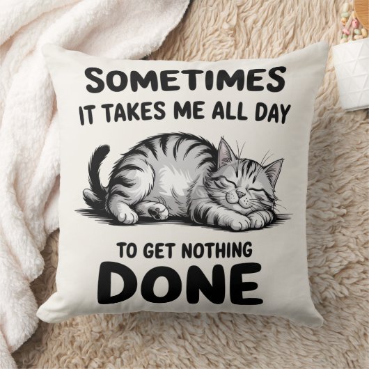 "All Day Doing Nothing" Funny Lazy Cat クッション (ブランケット)