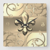 All Gold Filigree Swirls Fleur de Lis スクエア壁時計 (正面)