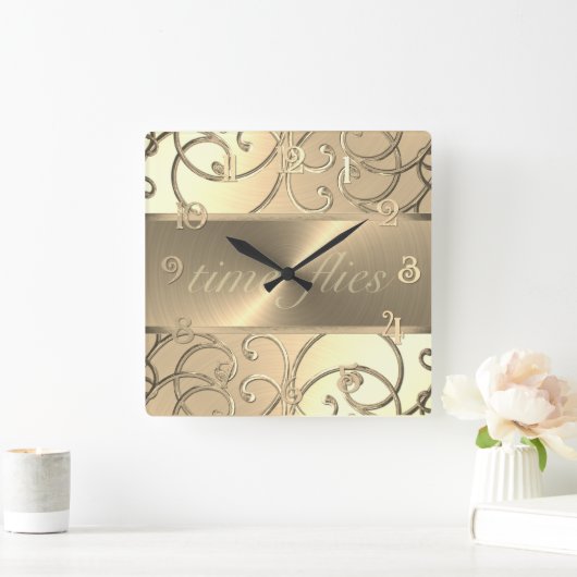 All Gold Time Flies Clock スクエア壁時計 (ホーム)
