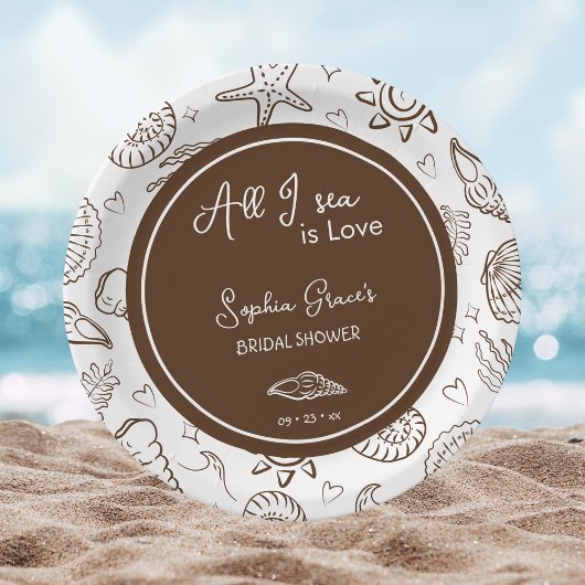 All I Sea is Love Brown Seashells Doodles ペーパープレート