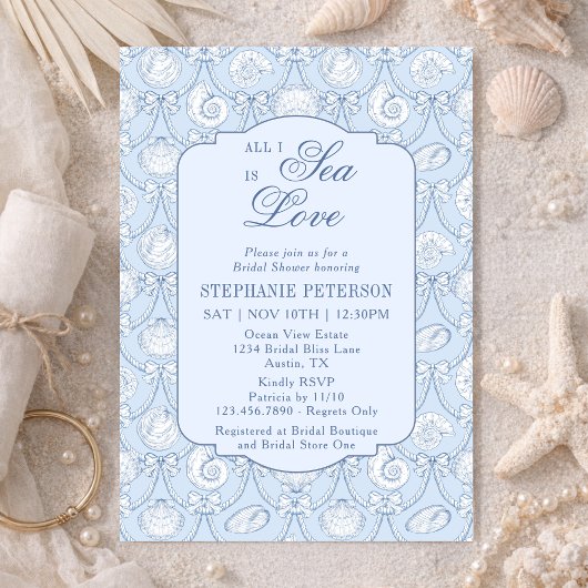 All I Sea Is Love Dusty Blue Coastal Bridal Shower 招待状