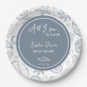 All I Sea is Love Dusty Blue Seashells Doodles  ペーパープレート (正面)