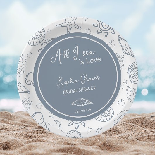 All I Sea is Love Dusty Blue Seashells Doodles  ペーパープレート