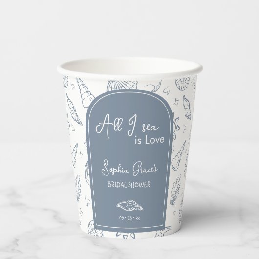 All I Sea is Love Dusty Blue Seashells Doodles  紙コップ (裏面)