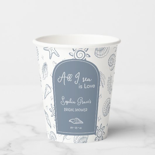 All I Sea is Love Dusty Blue Seashells Doodles  紙コップ (正面)