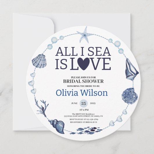 All I Sea Is Love Nautical Bridal Shower Seashell  招待状 (正面)