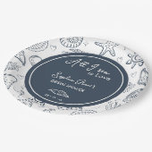 All I Sea is Love Navy Blue Seashells Doodles  ペーパープレート (アングル)