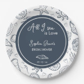 All I Sea is Love Navy Blue Seashells Doodles  ペーパープレート (正面)