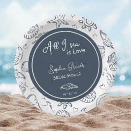 All I Sea is Love Navy Blue Seashells Doodles  ペーパープレート