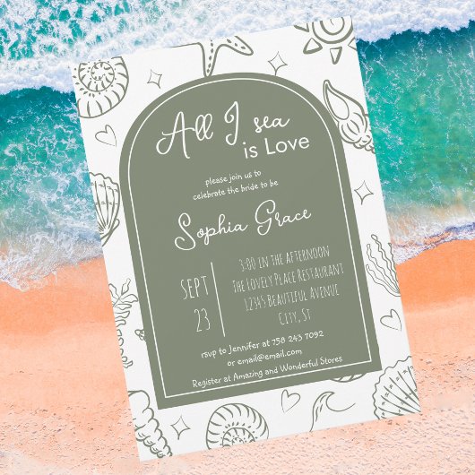 All I Sea is Love Sage Green Doodles Bridal Shower 招待状