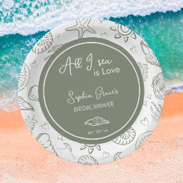 All I Sea is Love Sage Green Seashells Doodles  ペーパープレート