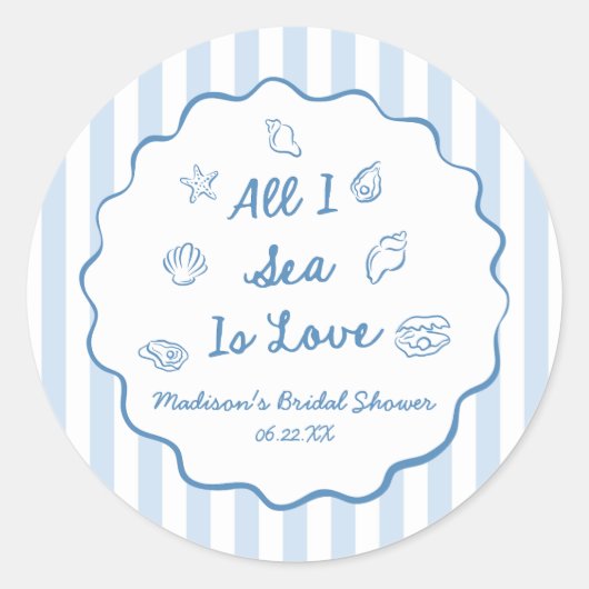 All I Sea Is Love Seashell Coastal Bridal Shower ラウンドシール (正面)