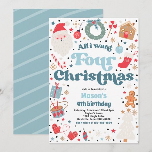 All I Want Four Christmas 4th Birthday Party 招待状 (正面/裏面)