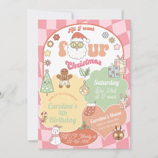 All I want four Christmas girl 4th birthday. 招待状 (正面)