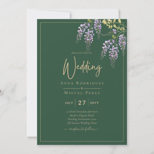 All-in1エレガントウィステリアフローラグリーン金ゴールド結婚 招待状 (正面)