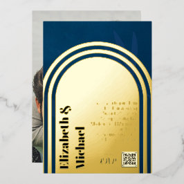 All-in1 GOLD FOIL Navy Blue Photo QRコードモダン 箔招待状