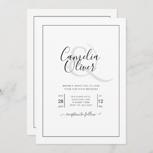 All-in-1クラシックエレガントフォント白結婚色 招待状 (正面/裏面)