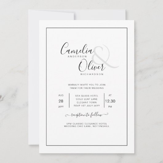 All-in-1クラシックエレガントフォント白結婚色 招待状 (正面)