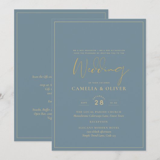 All-in-1シーエレガントガラスティール（緑がかった色）金ゴールド結婚のQR cd 招待状 (正面/裏面)