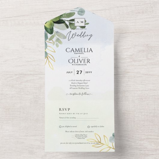 All-in-1ユーカリ葉招待状とRSVPの葉 オールインワン招待状 (内側)