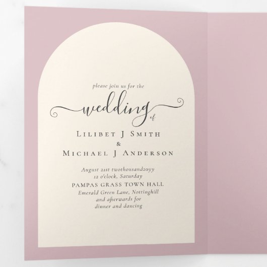 All-in-1 Dustyバラ結婚式RSVPプログラムの写真 三つ折り招待状 (内部最初)