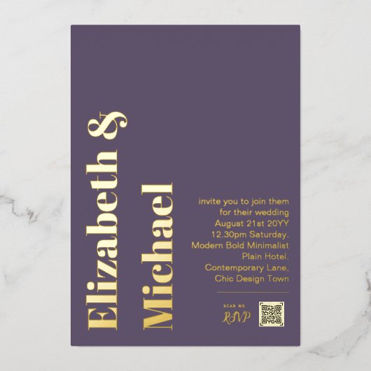 All-in-1 GOLD FOIL実在 Mauve写真QRコードモダン 箔招待状 (正面)