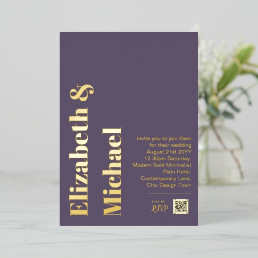 All-in-1 GOLD FOIL実在 Mauve写真QRコードモダン 箔招待状 (立ち正面)