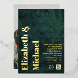 All-in-1 GOLD FOIL 実在 Green Photo QRコードモダン 箔招待状