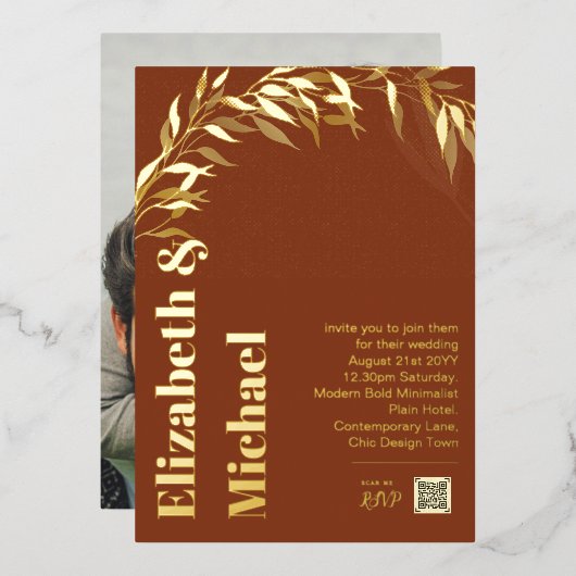 All-in-1 GOLD FOIL Terracotta写真QRコードモダン 箔招待状 (正面/裏面)