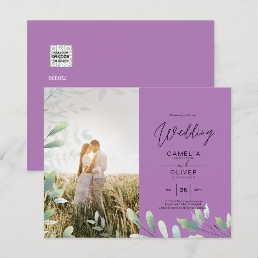 All-in-1 Greeneryフォトアレ葉イのQRフォトオーバーレイ結婚。 (正面/裏面)