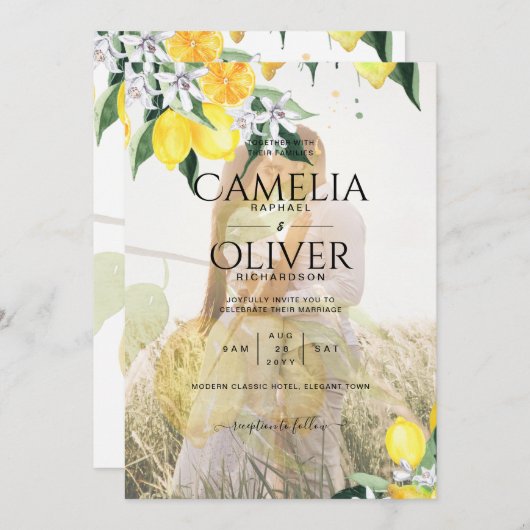 All-in-1 PHOTO OVERLAYレモンの結婚式QRを招待 招待状 (正面/裏面)