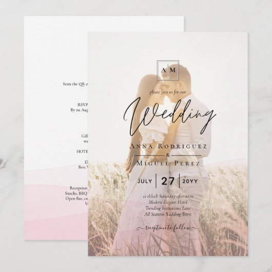 All-in-1 Pink Photo グラデーション OverlayのQR結婚コード 招待状 (正面/裏面)