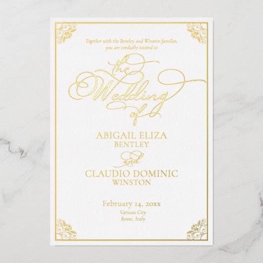 All-In-On Elegant Script Rome Italy Destination 箔招待状 (正面)