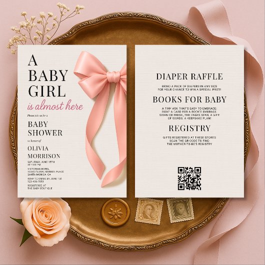 All in One Baby Girl Pink Bow Baby Shower 招待状