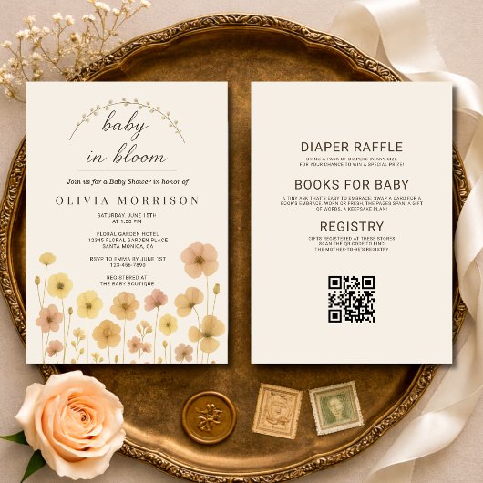 All in One Baby In Bloom Boho QR Code Baby Shower 招待状