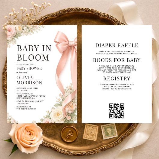 All in One Baby In Bloom Pink Bow Baby Shower 招待状