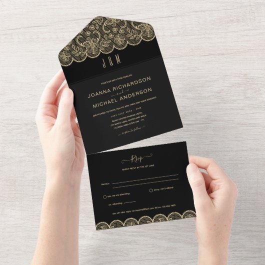 All In One Black金ゴールドレース結婚とRSVP オールインワン招待状 (貼ってはがせる)