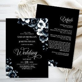 All in One Black and White Floral Wedding 招待状