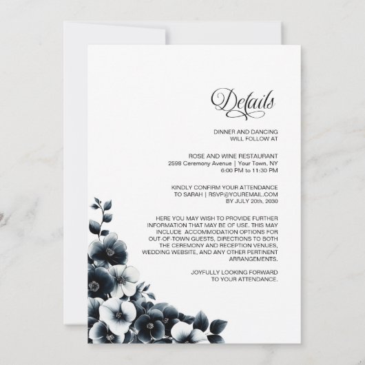 All in One Black White Floral Wedding 招待状 (裏面)