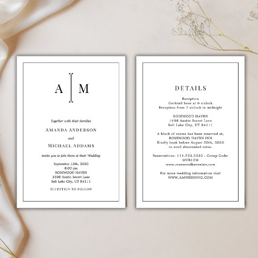 All-In-One Black White Monogram Minimal Wedding 招待状