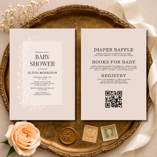 All in One Blush Pink Botanical Floral Baby Shower 招待状